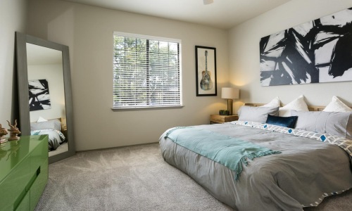 a bedroom with a bed and a mirror