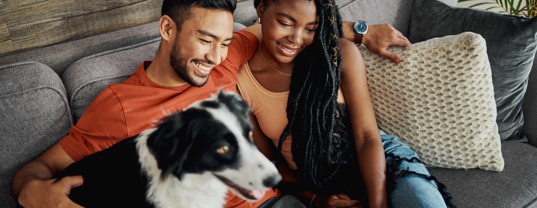 a man and woman sitting on a couch with a dog